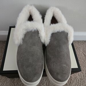 J Slides Gray and White Fur-Lined Sneakers